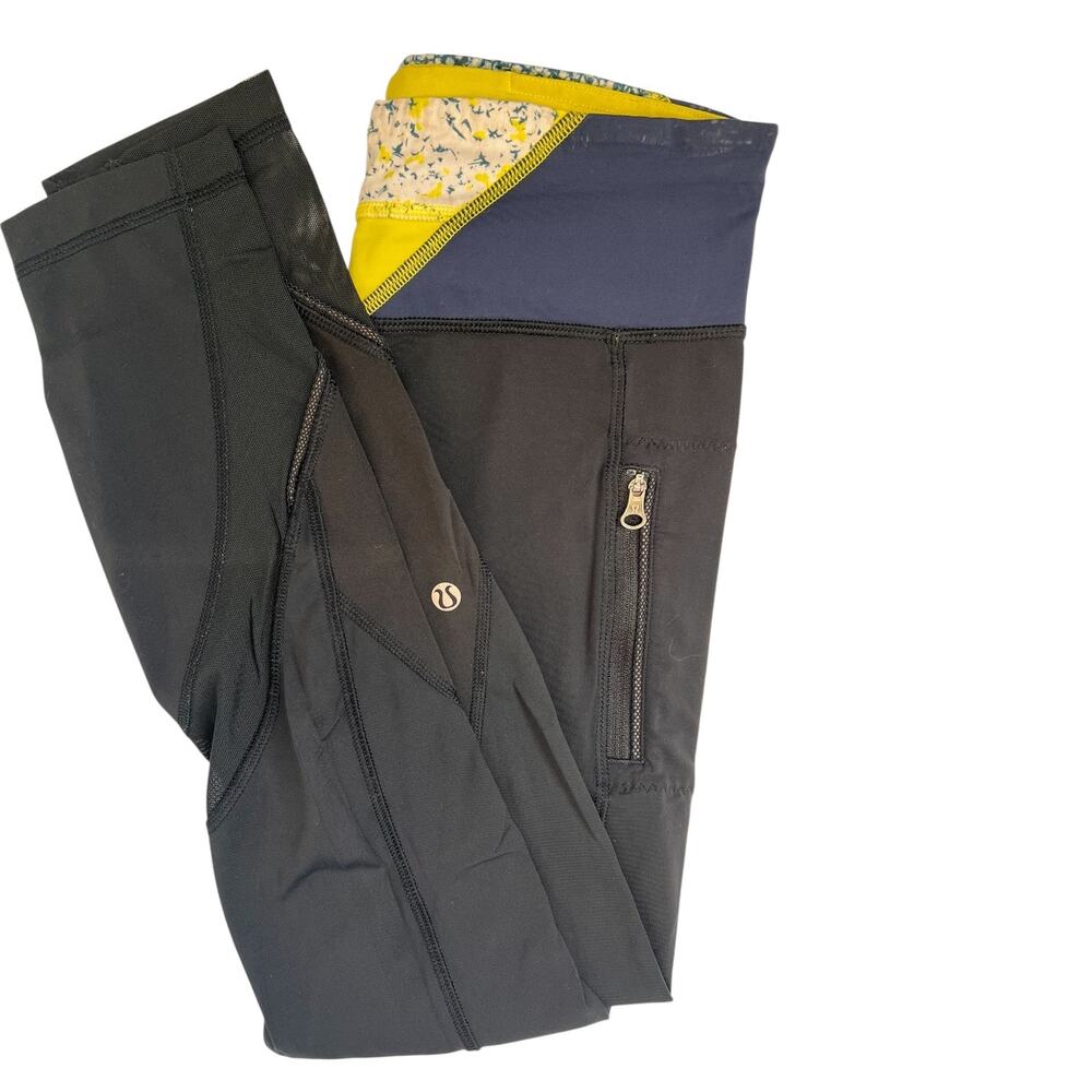 Lululemon Black Cropped Leggings Size 4, Zip Pockets, Floral waistband